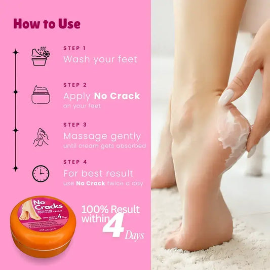 Instructions on how to use a foot cream with a pink background and visual of feet being applied.