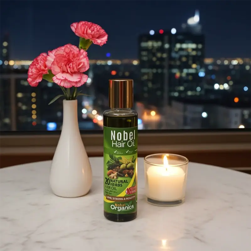 Nobel Hair Oil bottle on a table with flowers and a candle, cityscape in the background