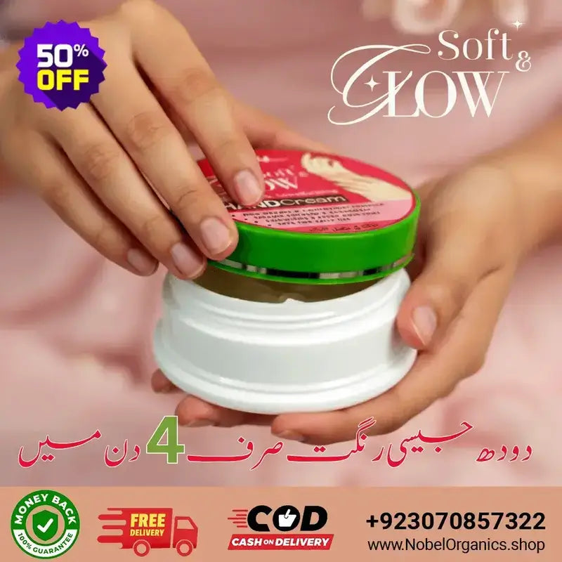 Hand holding a jar of cream with promotional text and branding on a pink background