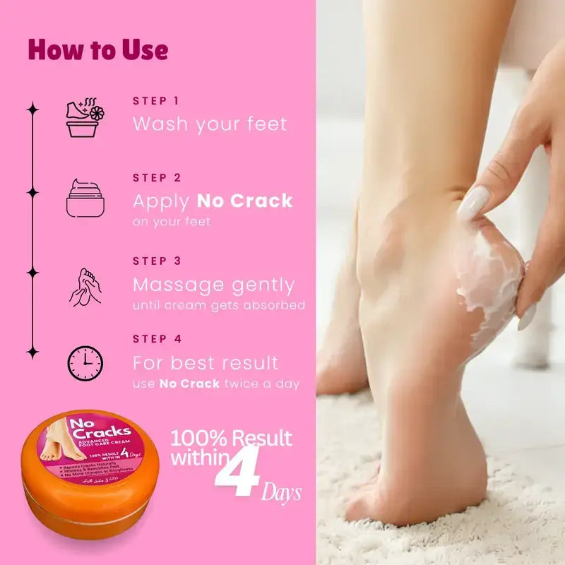 Instructions on how to use a foot cream with a pink background and visual of feet being applied.