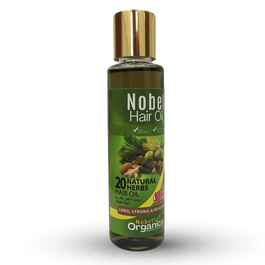 Nobel Organics hair oil 20 natural herbal hair oil bottle with green label on a white background