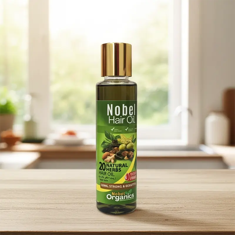 Bottle of Nobel Hair Oil on a wooden table with a blurred kitchen background