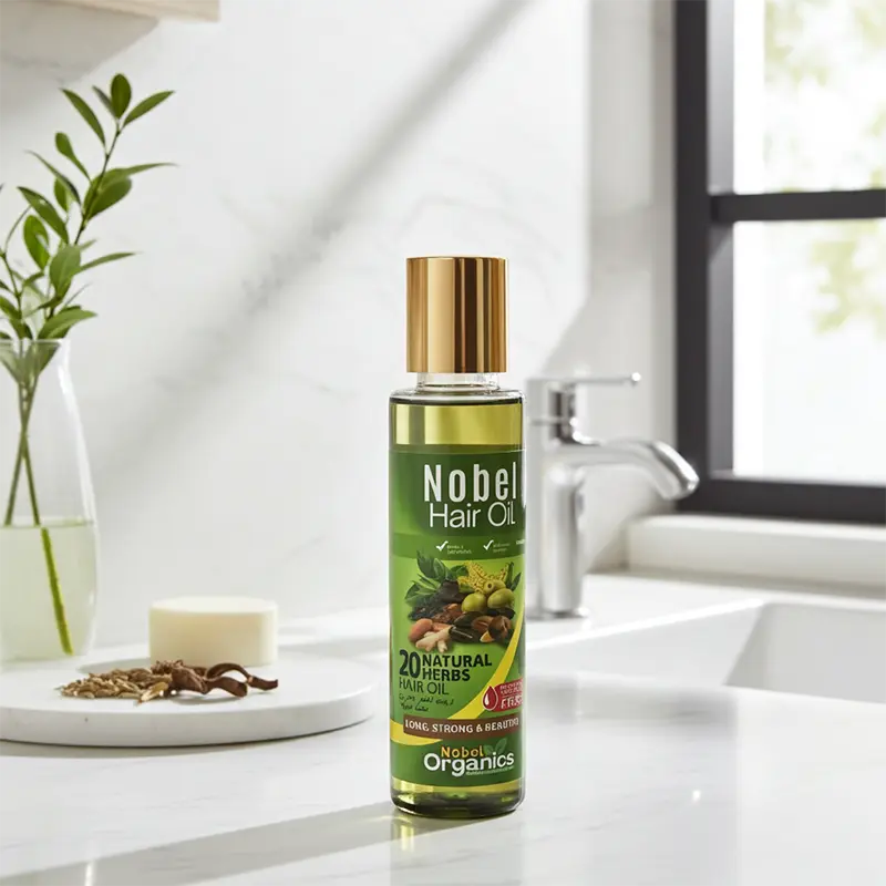 Bottle of Nobel Hair Oil on a bathroom counter with a plant and soap in the background