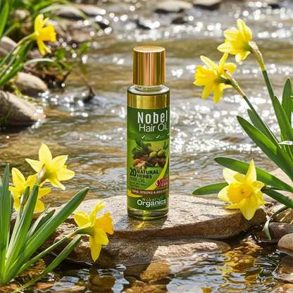 Nobel Hair Oil bottle with yellow flowers and a stream in the background