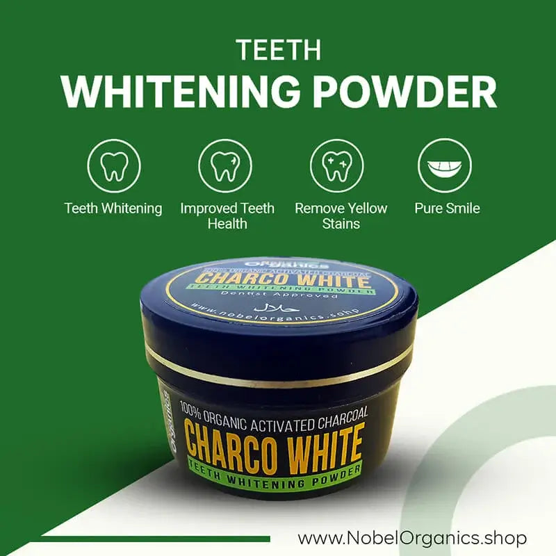 Jar of Charco White teeth whitening powder with green background and text highlighting benefits.