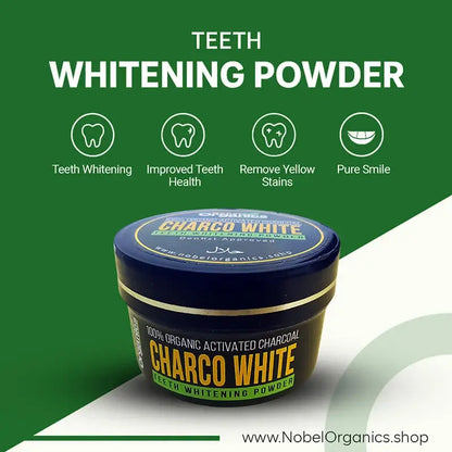 Jar of Charco White teeth whitening powder with green background and text highlighting benefits.