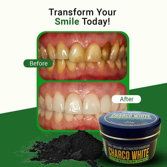 Teeth whitening product with 'Before' and 'After' images on a green background