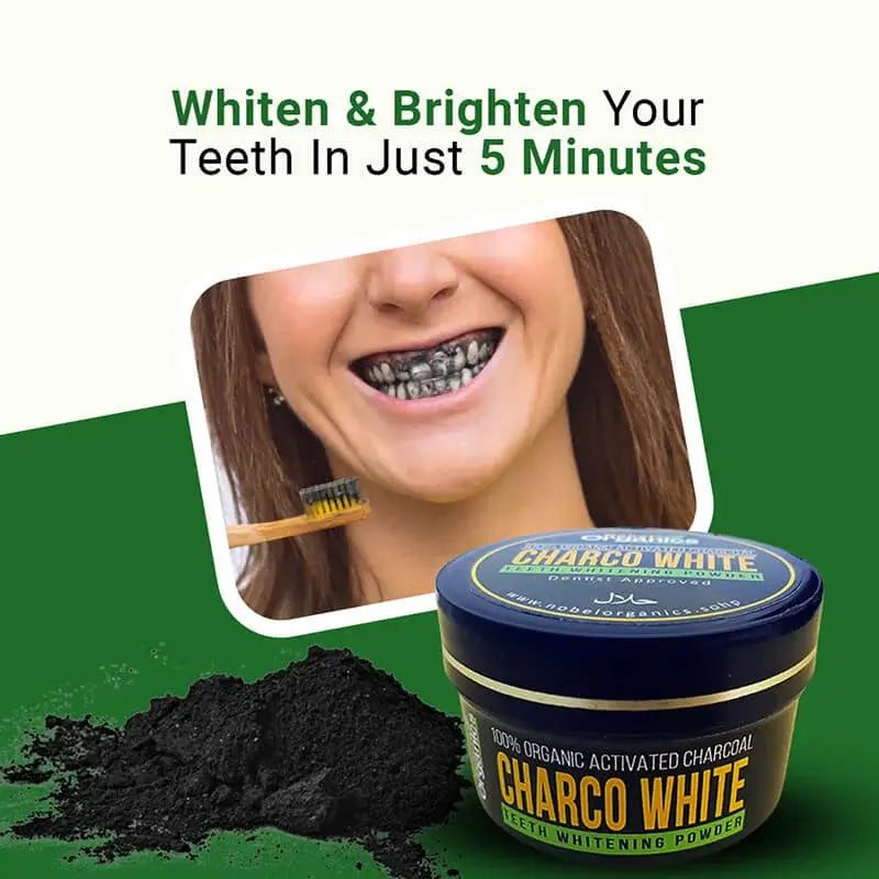 Charcoal teeth whitening product with a woman using it, on a green background.