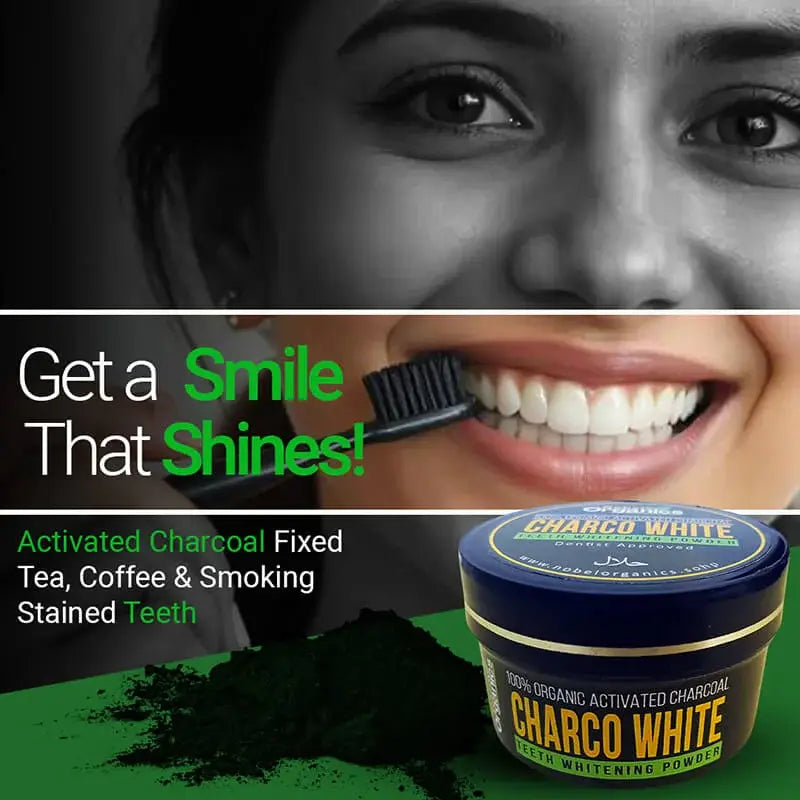 Advertisement for Charco White teeth whitening powder with a woman brushing her teeth and text promoting a 'Shiny Smile'.