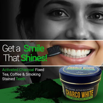 Advertisement for Charco White teeth whitening powder with a woman brushing her teeth and text promoting a 'Shiny Smile'.