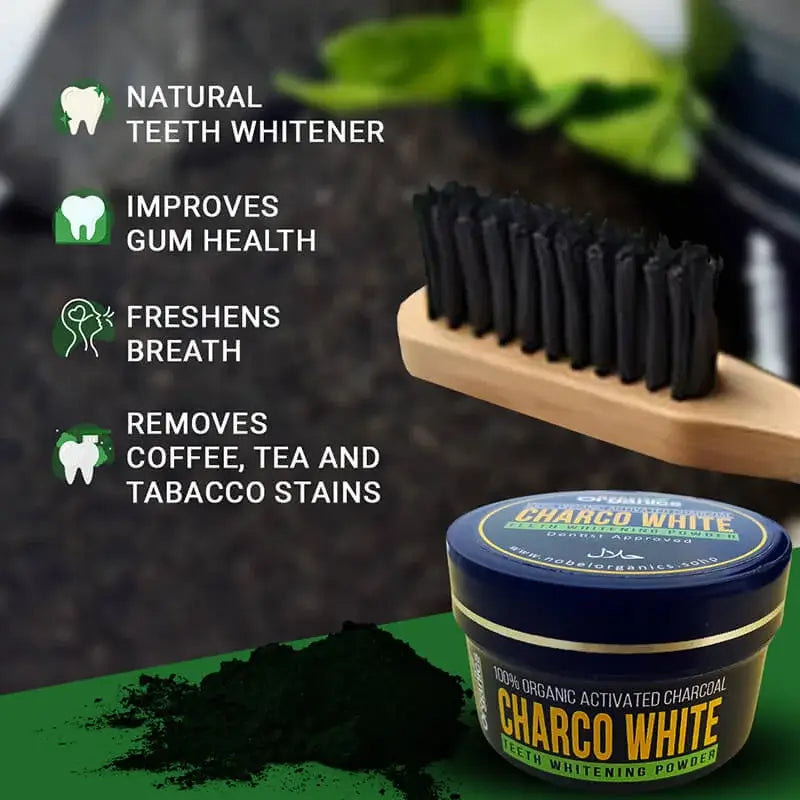 Charcoal teeth whitening powder with a brush and text highlighting benefits on a green surface.