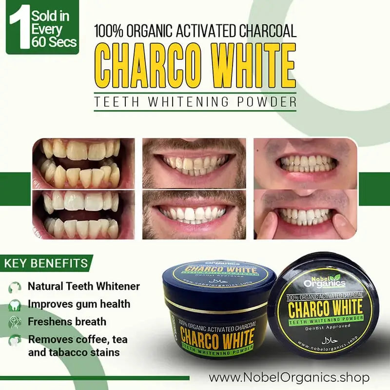 Advertisement for Charco White teeth whitening powder with before and after images and product packaging.