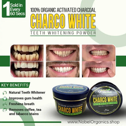 Advertisement for Charco White teeth whitening powder with before and after images and product packaging.