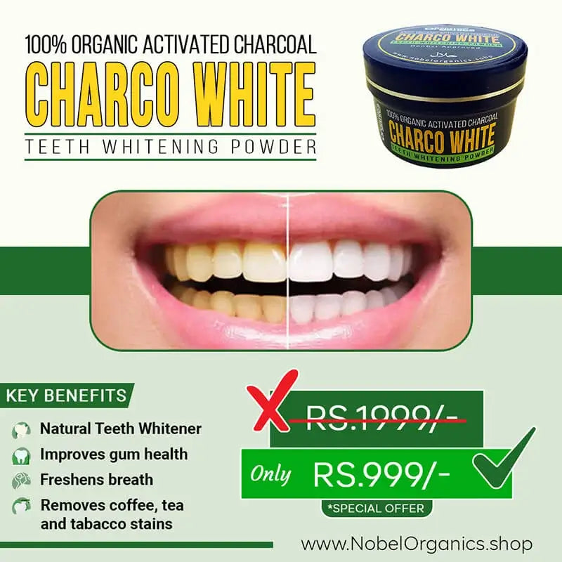 Advertisement for Charco White teeth whitening powder with before and after effect on teeth.