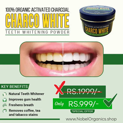 Advertisement for Charco White teeth whitening powder with before and after effect on teeth.