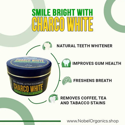 Promotional image of Charco White teeth whitening product with text highlighting benefits on a white background.