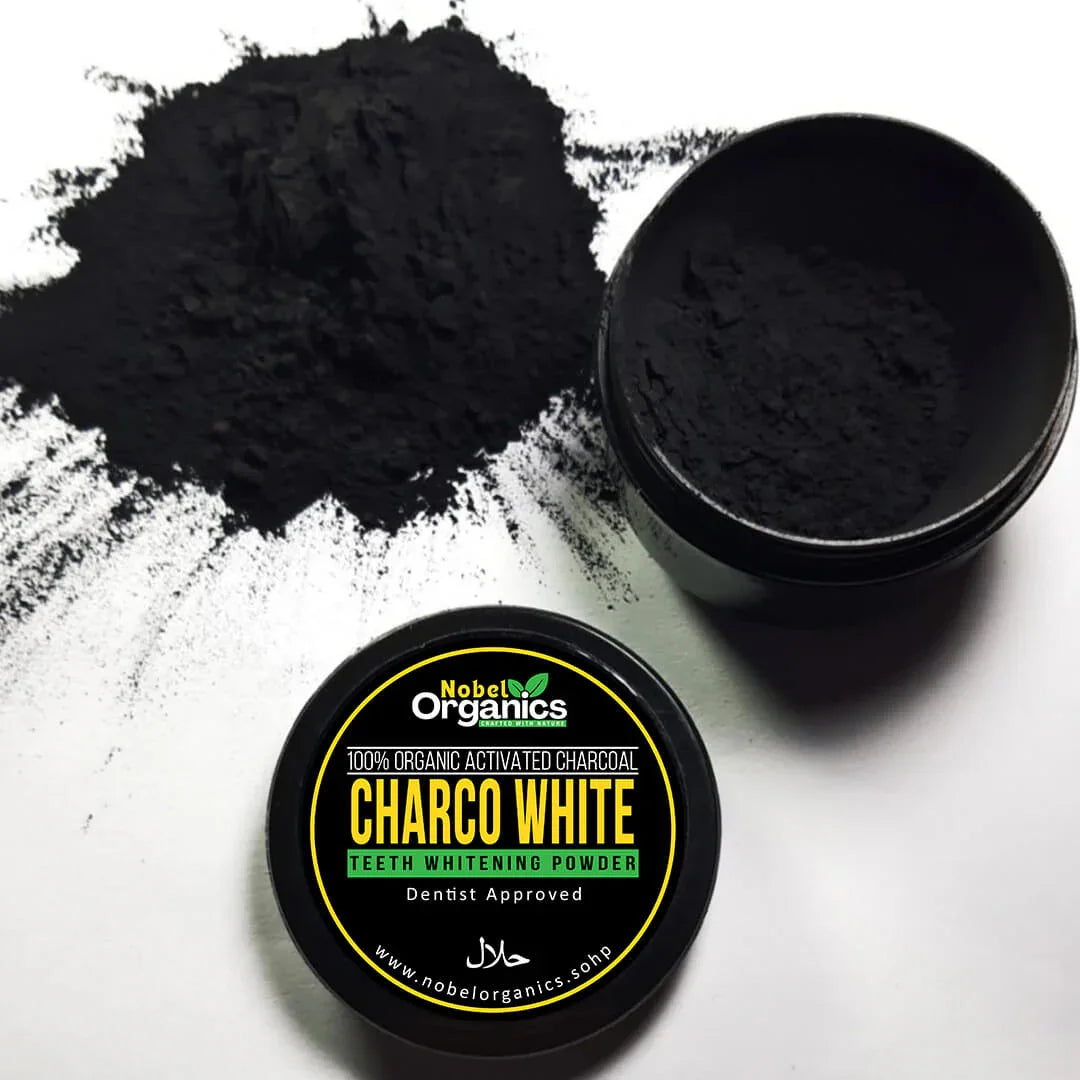 Nabel Organics Charcoal Teeth Whitening Powder with open container and powder on a white background