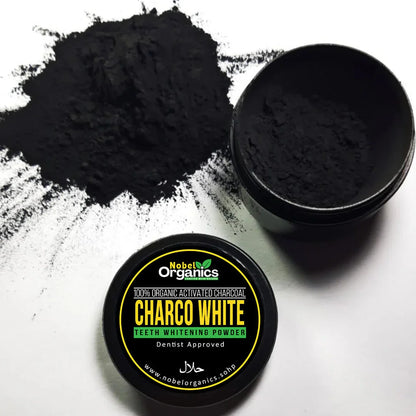 Nabel Organics Charcoal Teeth Whitening Powder with open container and powder on a white background