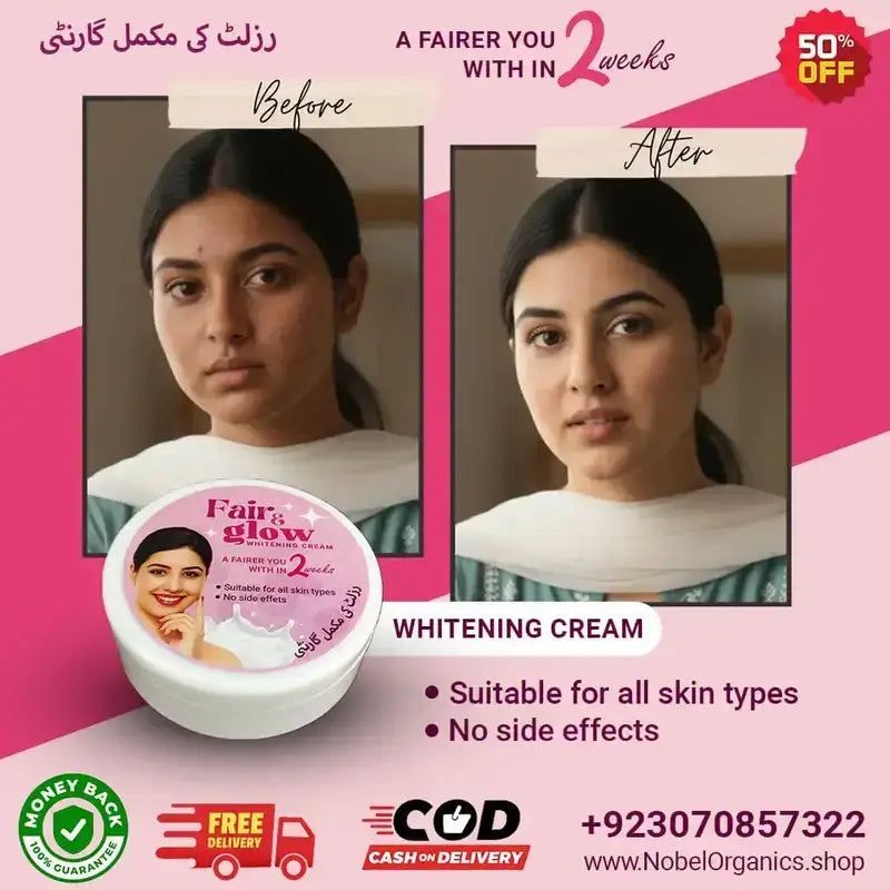 Advertisement for a whitening cream showing 'Before' and 'After' effects on skin with promotional text and contact information.