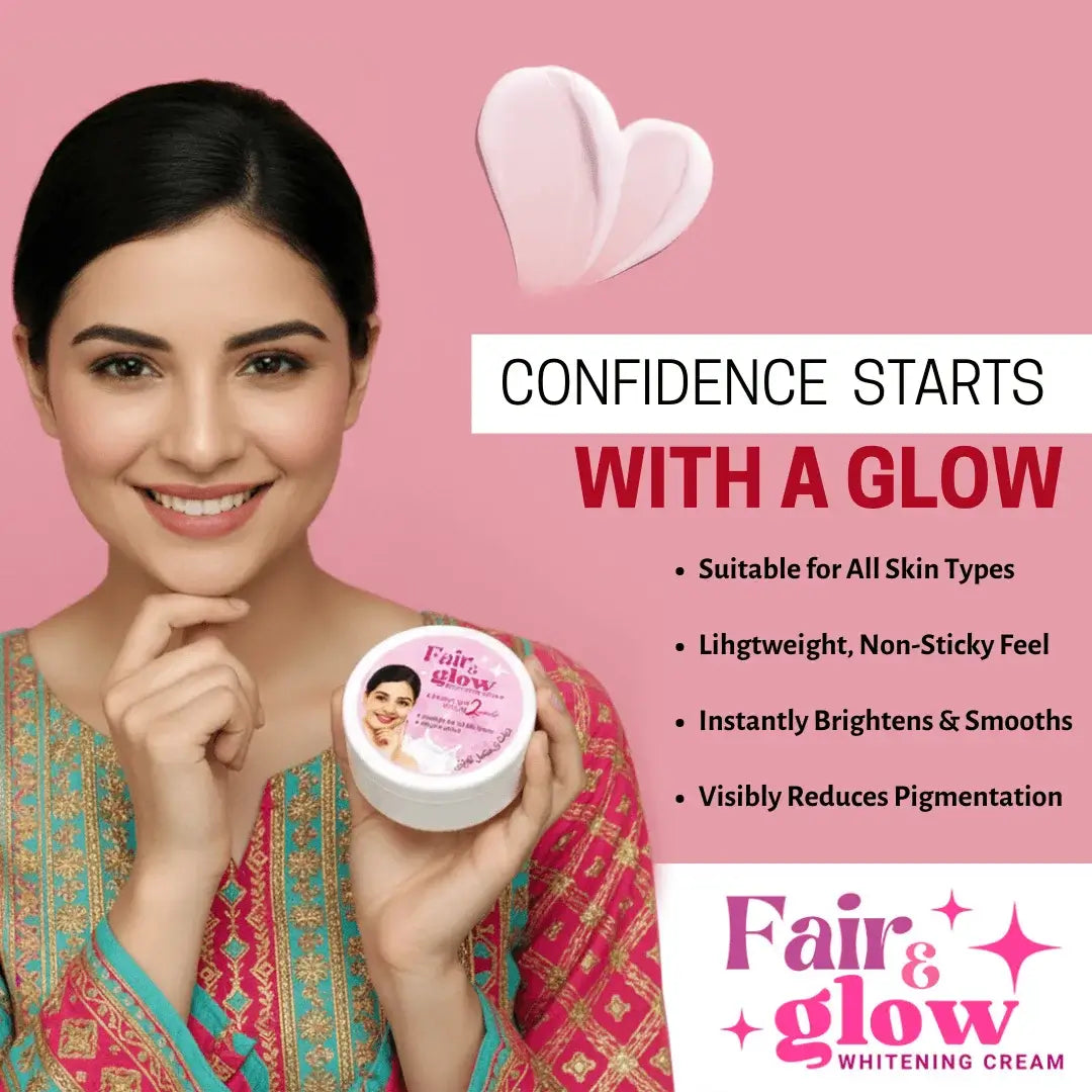 Woman holding a container of Fair & Glow whitening cream with product details on a pink background