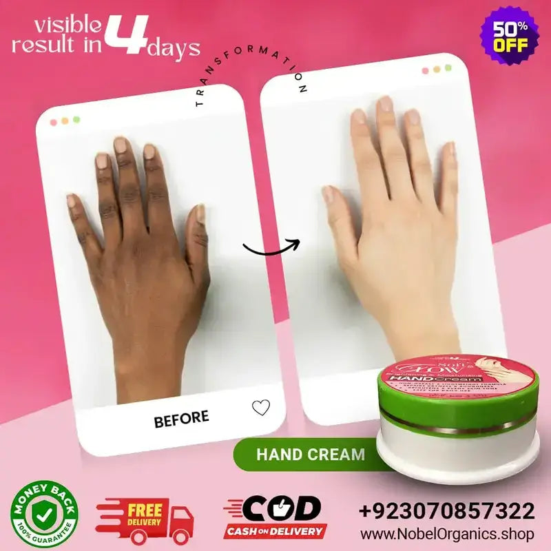 Hand cream advertisement showing transformation from dark to light skin with a pink background.