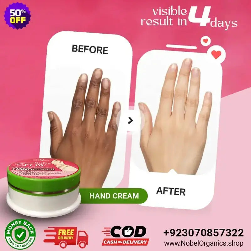 Hand cream advertisement showing before and after effects on hands with a pink background.