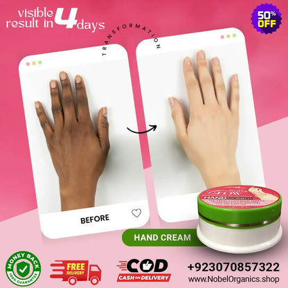 Hand cream advertisement showing transformation from dark to light skin with a pink background.