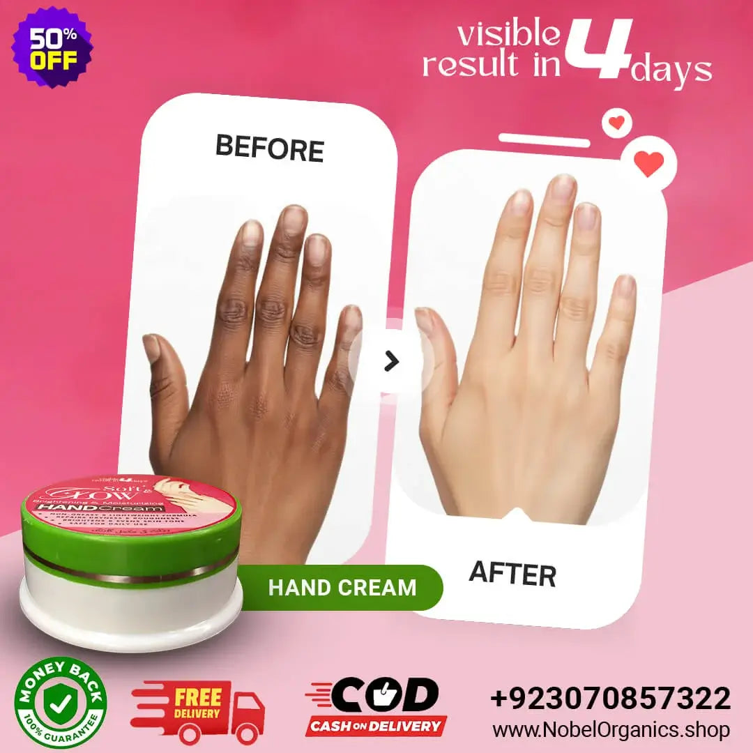 Hand cream advertisement showing before and after effects on hands with promotional text and contact information.