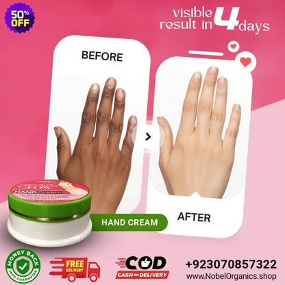 Hand cream advertisement showing before and after effects on hands with promotional text and contact information.